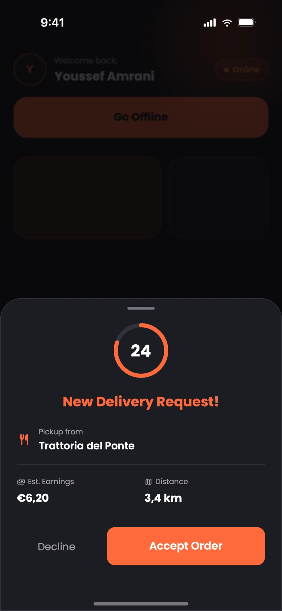New delivery request in the Nibblify Driver app on iPhone (screenshot)