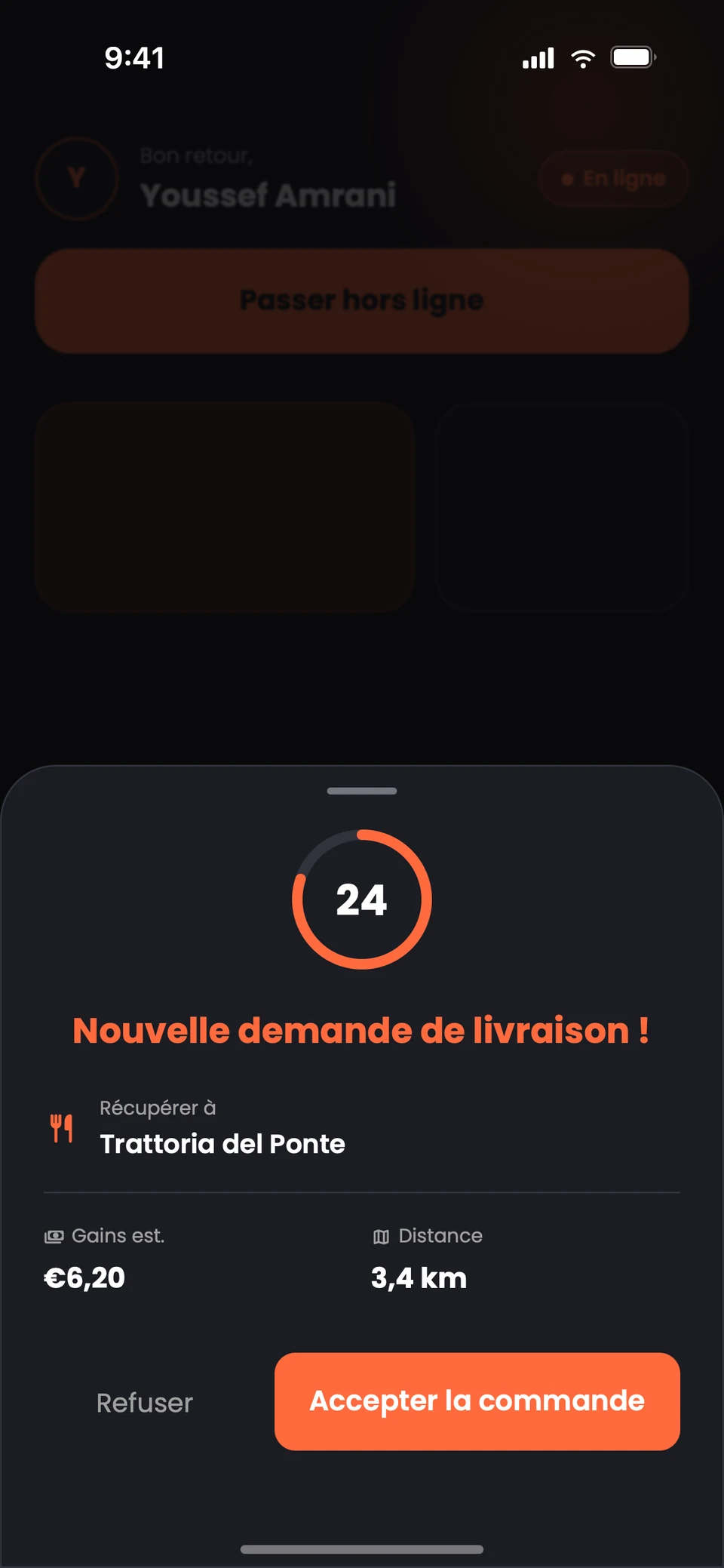Nouvelle demande de livraison dans l’application Nibblify Driver sur iPhone (capture d’écran)