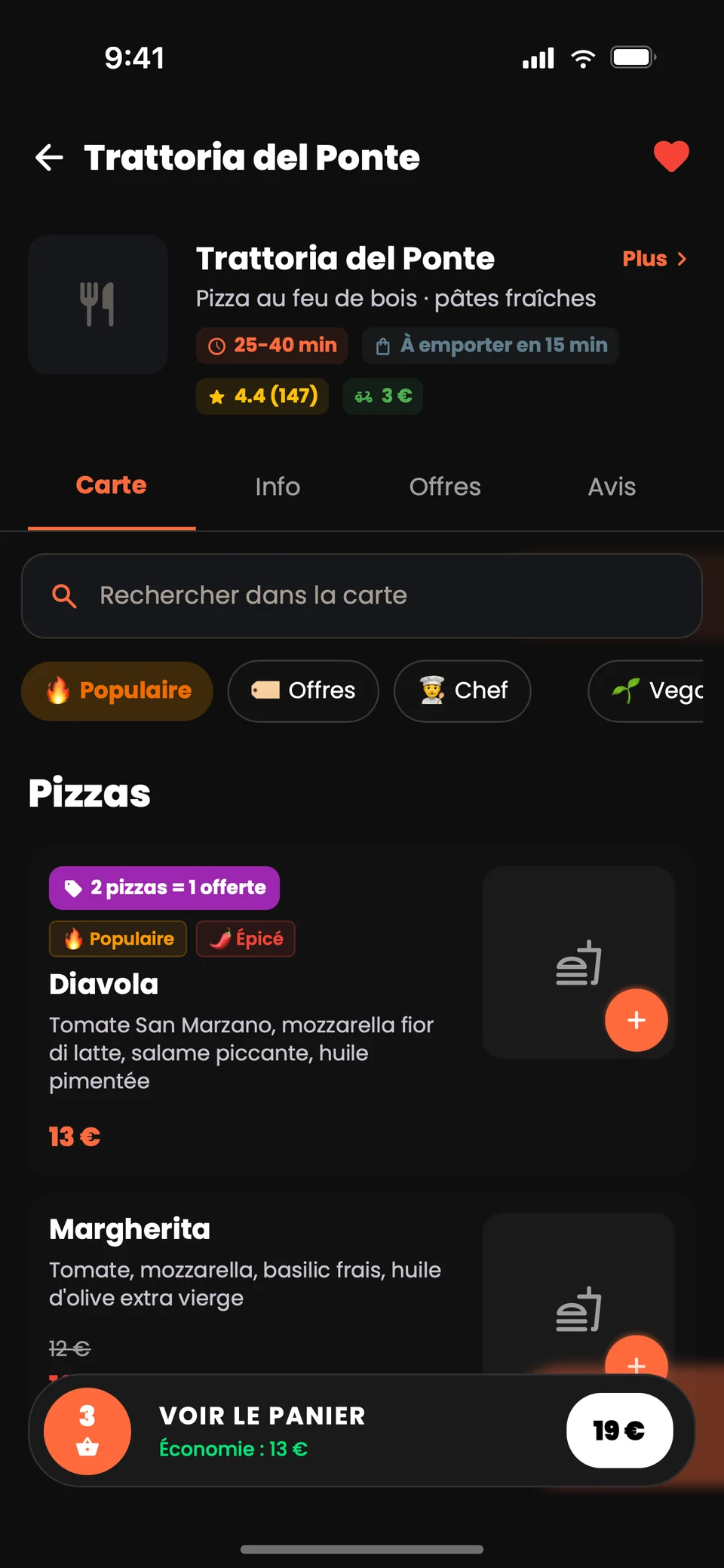 Menu d’un restaurant dans l’application Nibblify Food sur iPhone (capture d’écran)