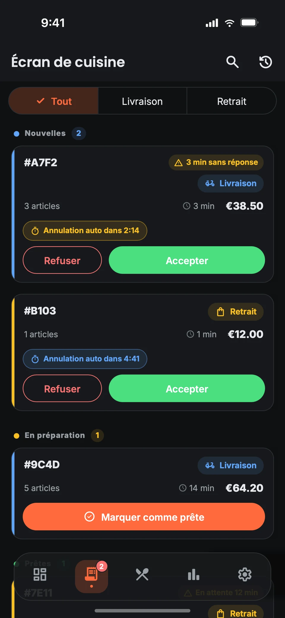 Écran cuisine des commandes entrantes dans l’application Nibblify Partner sur iPhone (capture d’écran)